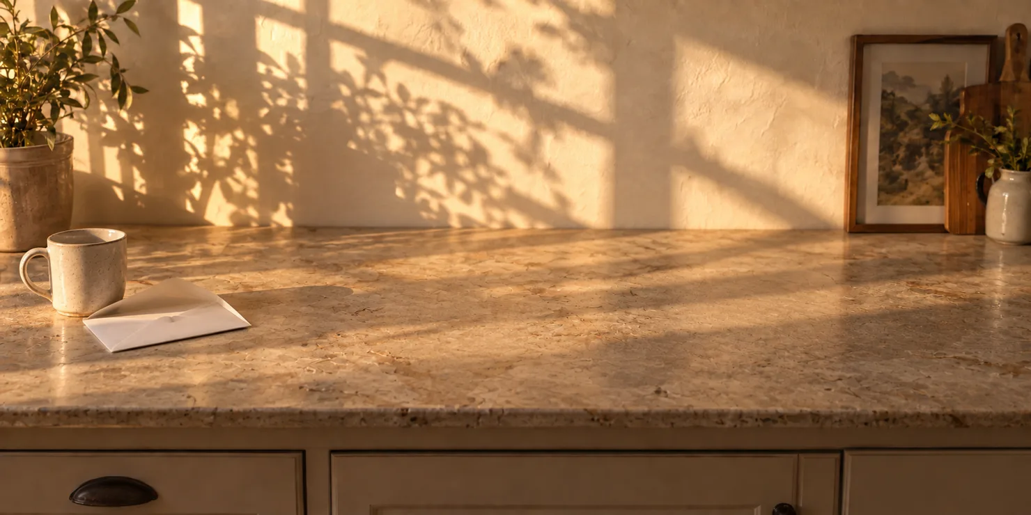 The same counter, clear apart from a mug and one opened envelope