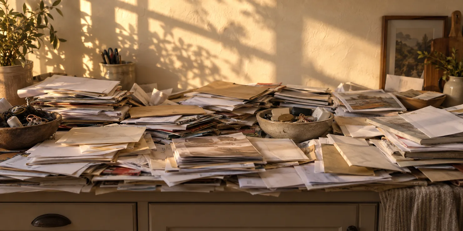A kitchen counter buried end to end in mail, paper and loose photographs, in late afternoon light