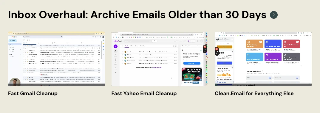A step of the inbox overhaul inside the library, offering Fast Gmail Cleanup, Fast Yahoo Email Cleanup, and Clean.Email for Everything Else
