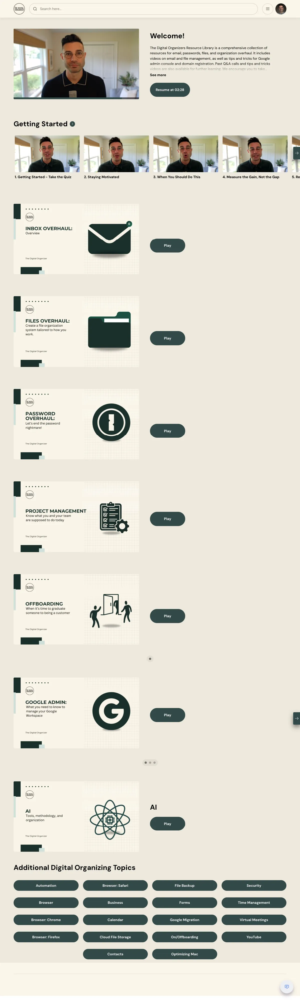 The Resource Library home page, listing the Getting Started videos and the overhauls for inbox, files, passwords, project management, offboarding, Google admin and AI